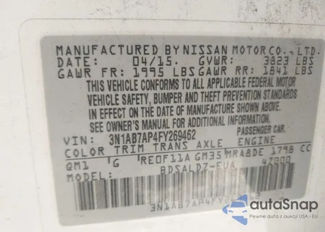 2015 Nissan Sentra Fe+ S/S/Sl/Sr/Sv from USA, damaged, VIN 3N1AB7AP4FY269462